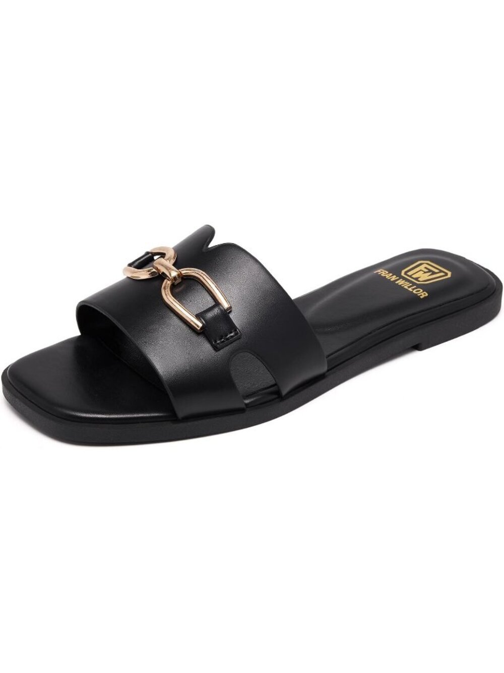 Women's Black Metal Flat Slides Fashion Square Open Toe Slip Beach Summer Sandal